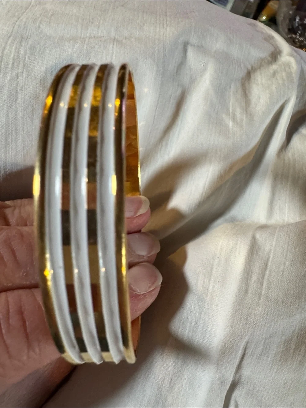 Gold Tone White Enamel Striped Bangle Bracelet